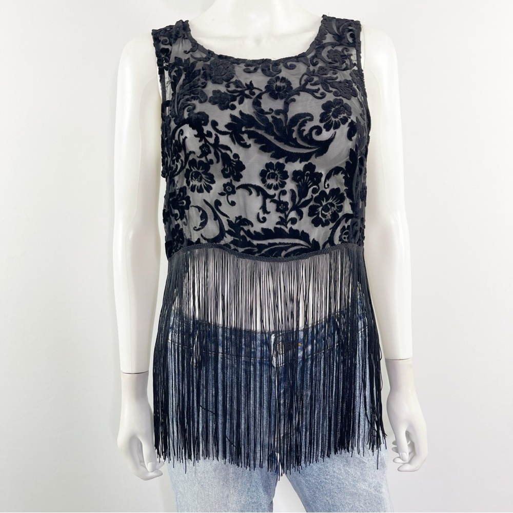 Forever 21 Black Velvet Sheer Fringe Top Size M Gothic Boho Festival Hippie